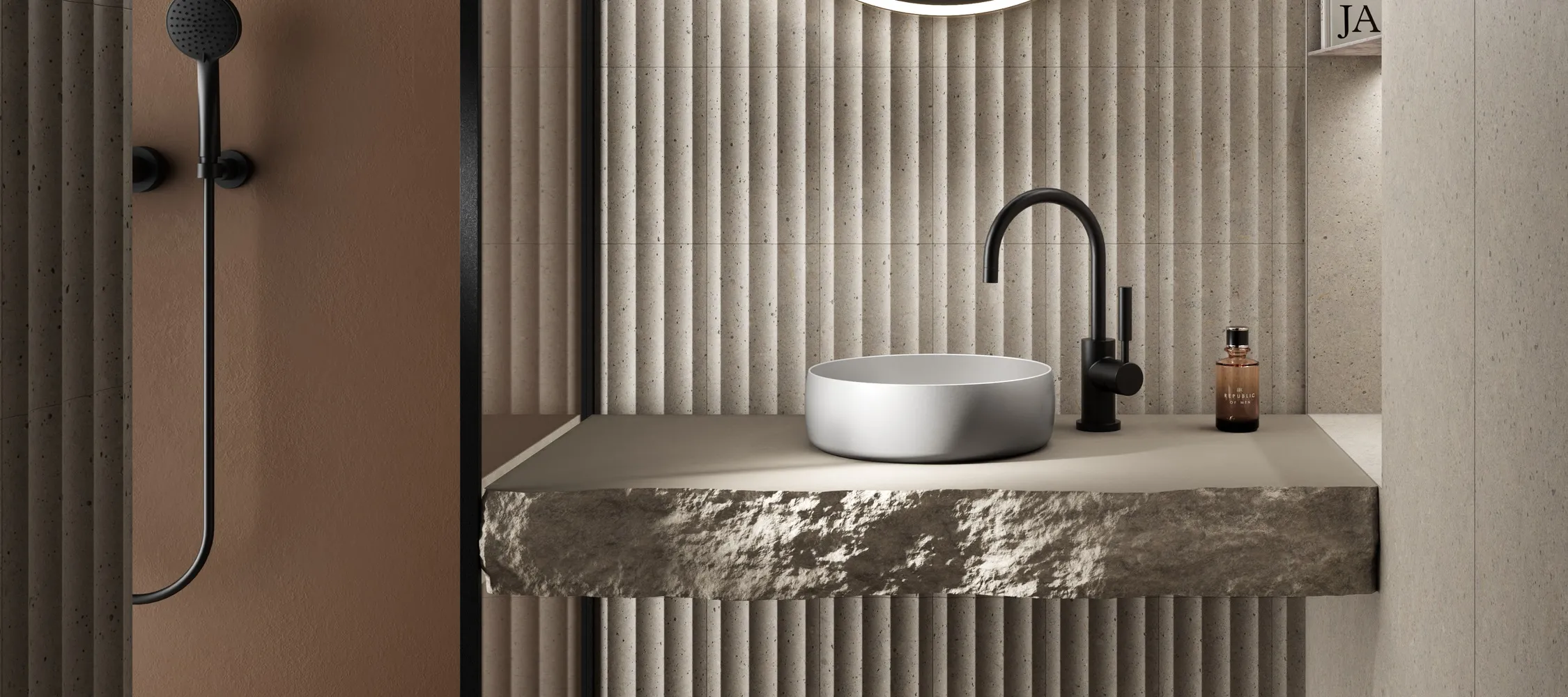 Waschbecken BetteLiv auf hellen Natursteinwaschtisch 