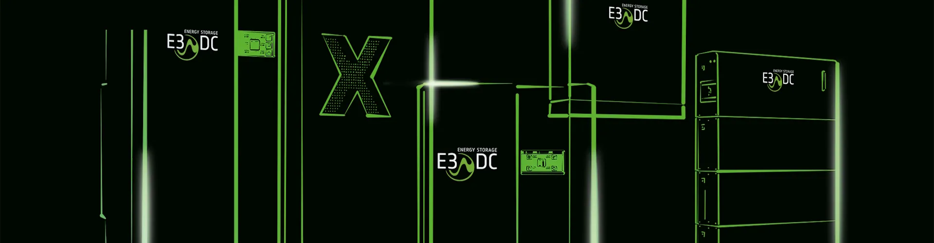 Mehrere Energiespeichersysteme von E3/DC sind in stilisierter Darstellung mit grünen Linien auf schwarzem Hintergrund abgebildet.