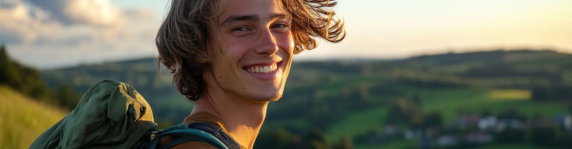 Ein fröhlicher junger Mann mit Outdoor-Rucksack posiert in einer idyllischen Hügellandschaft bei goldenem Abendlicht.