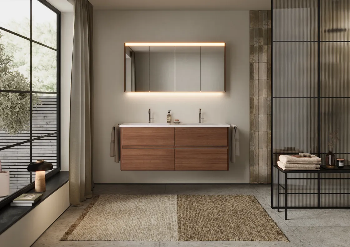 Waschtisch aus der Kollektion Oteo des Herstellers burgbad in der Farbe Tectona Dekor Zimt.