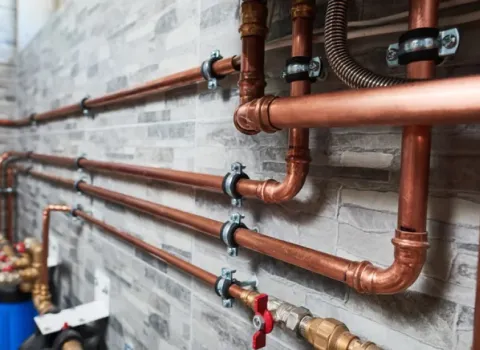 Kupferrohre einer Heizungsinstallation von der Firma KDS Haustechnische Anlagen GmbH an einer Wand mit grauen Fliesen montiert.