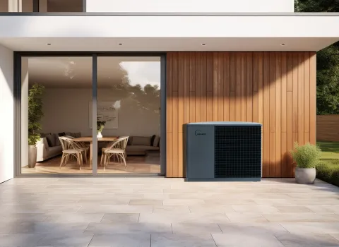 Eine Solvis-Wärmepumpe steht auf einer großzügigen Terrasse vor einer modernen Hausfassade mit Holz- und Glasflächen.