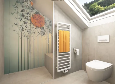 Modernes Badezimmer mit bodengleicher Dusche, Glasduschwand mit Bambusmotiv, Dachfenster und wandhängendem WC.