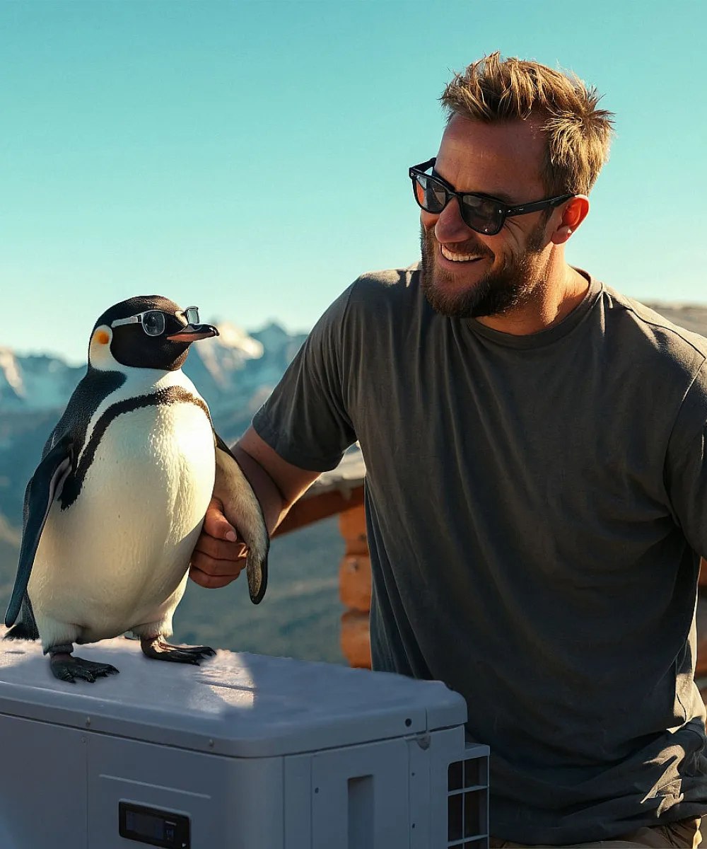 Ein Pinguin posiert auf einer Wärmepumpe vor einer malerischen Bergkulisse, während ein Mann mit Sonnenbrille ihn lachend an der Flosse hält.