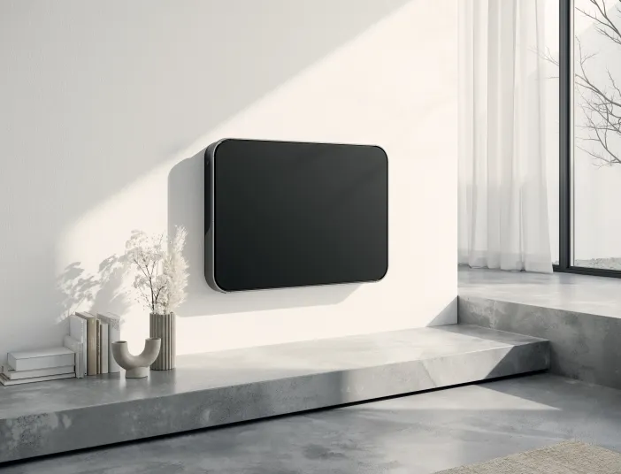Horizontaler schwarzer Designheizkörper Relax Hybrid vom Hersteller Bemm im modernen Wohnzimmer.